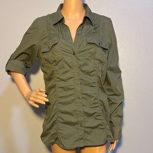 NWT Express Olive Green Ruched Button-Down Shirt w/ Roll Tab Sleeves